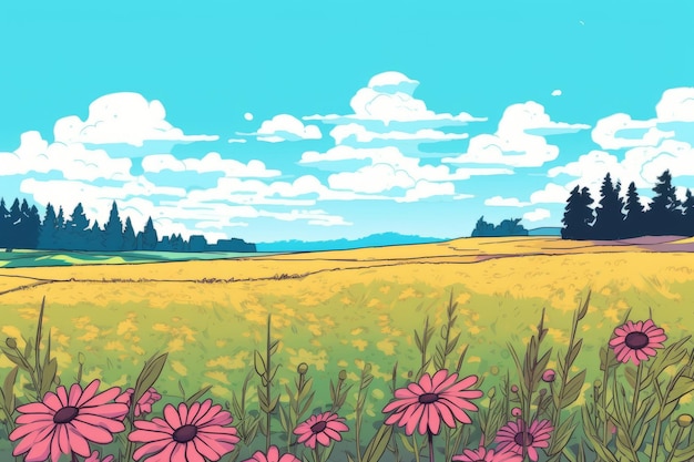 Zdjęcie pokolorowany rysunek wiejskiej łąki kwiatowej