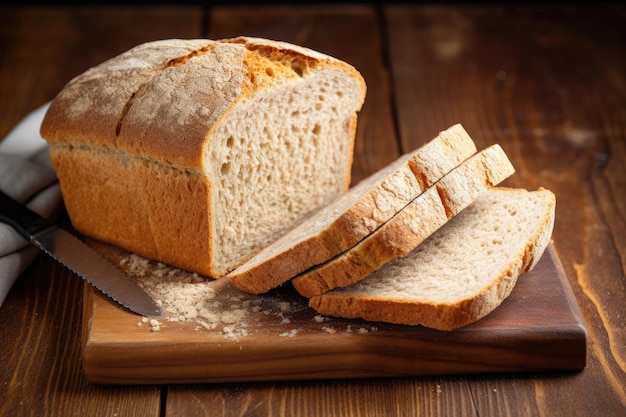Pokrojony chleb na desce do krojenia i nóż na tle drewnianego stołu