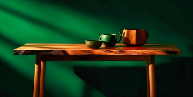 Pokrojony drewniany stolik do kawy przed zielonym tłem z cieniem