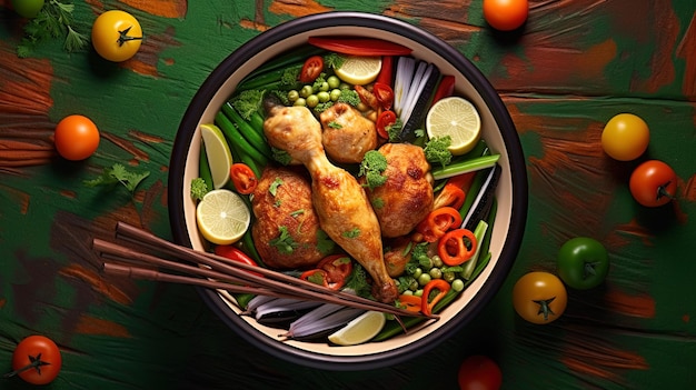 Pokrojony kurczak i warzywa w misce wygenerowanej przez sztuczną inteligencję