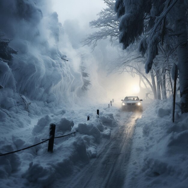 Pokryta śniegiem droga po silnej zamieci. Ilustracja wysokiej jakości