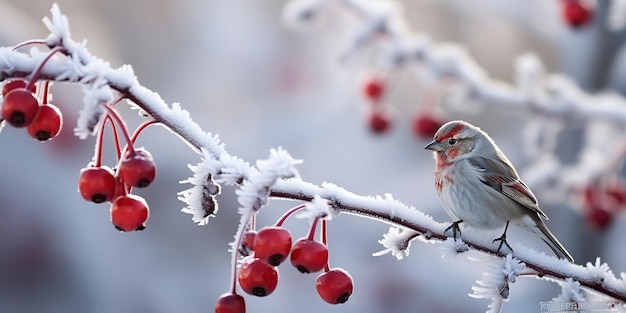 Pokryta śniegiem jarzębina z ptakiem