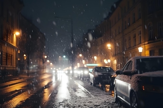 Pokryta śniegiem ulica miejska ze śliską drogą i samochodami poruszającymi się i parkującymi w śnieżycy w nocy