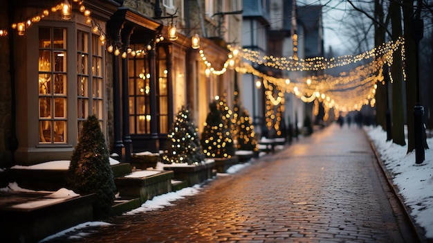 Pokryta śniegiem ulica z migoczącymi lampkami świątecznymi