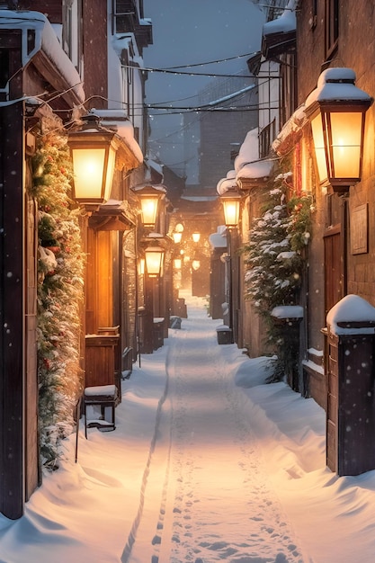 Pokryta śniegiem ulica ze starymi domami i latarniami w Wigilię Bożego Narodzenia
