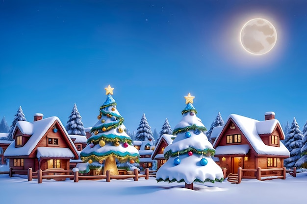 Pokryta śniegiem wioska z choinkami na sylwestra Ilustracja Bożego Narodzenia