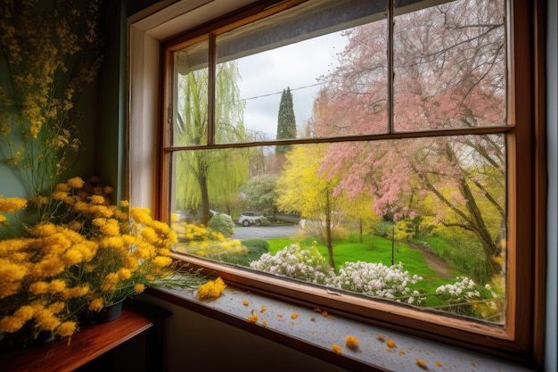 Pokryte pyłkiem okno z widokiem na zewnątrz i kwitnące drzewa stworzone za pomocą generatywnej sztucznej inteligencji