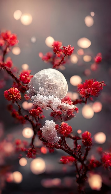 Pokryte śniegiem drzewo z pełnią księżyca w tle generatywnej ai