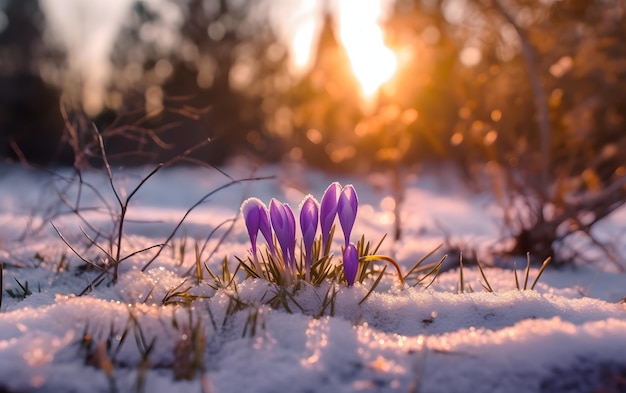Pokryte śniegiem pole z kwiatami krokusów w śniegu