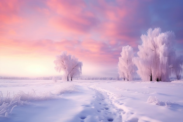Zdjęcie pokryte śniegiem pole z szlakiem prowadzącym do drzew
