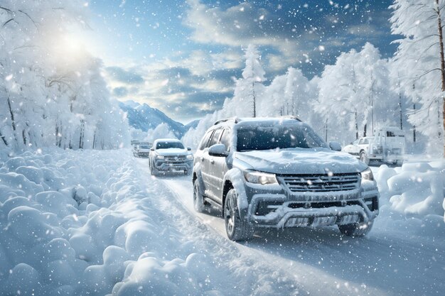 pokryte śniegiem samochody na drodze w śniegu zimą