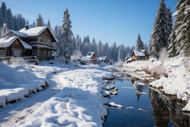 Pokryte śniegiem wioski stare miasta posadziły wiele dużych drzew profesjonalna fotografia