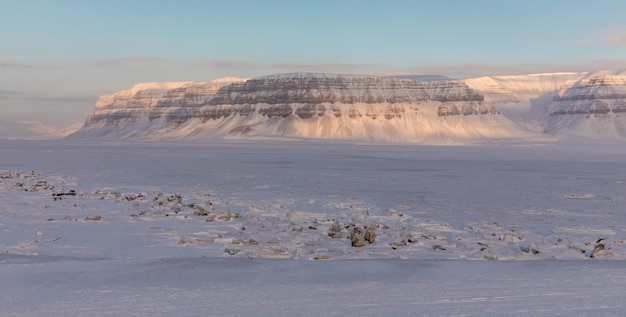 Pokryty lodem fiord Tempelfjorden w Svalbard w Norwegii.