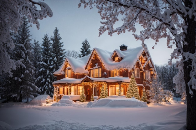 Pokryty śniegiem dom świąteczny otoczony kocem świeżo spadłego śniegu oświetlony