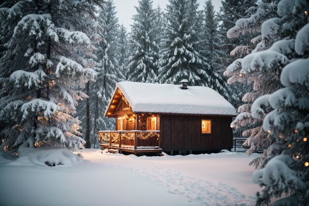 Pokryty śniegiem dom świąteczny otoczony kocem świeżo spadłego śniegu oświetlony