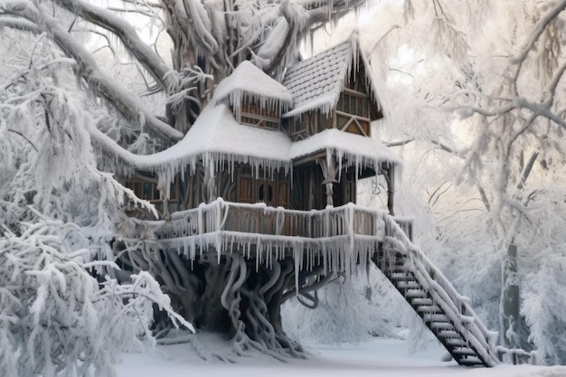 Pokryty śniegiem domek na drzewie z soplami zwisającymi z dachu, stworzony za pomocą generatywnej sztucznej inteligencji