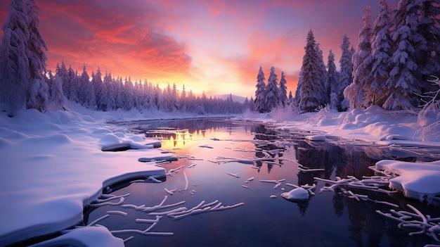 Pokryty śniegiem las jest przedstawiony na zachodzie słońca w stylu hipnotyzujących kolorów krajobrazów jasność o