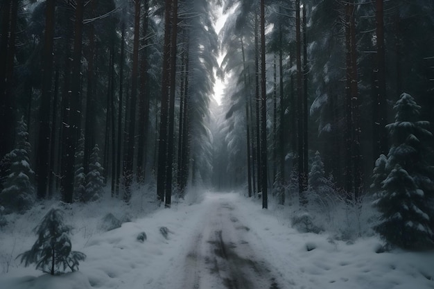 Pokryty śniegiem las z wiecznie zielonymi drzewami i zaśnieżoną drogą Generatywna ai