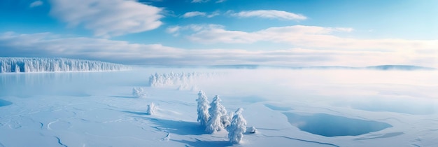 pokryty śniegiem zimowy krajobraz z widokiem na zamarznięte jezioro i otaczającą śnieżną scenerię