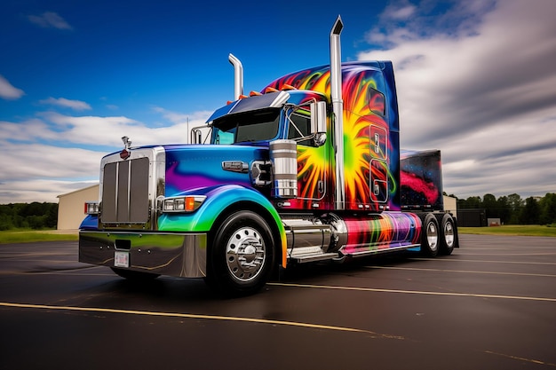 Pół ciężarówka z jasną, żywą, kolorową farbą Generatywna sztuczna inteligencja