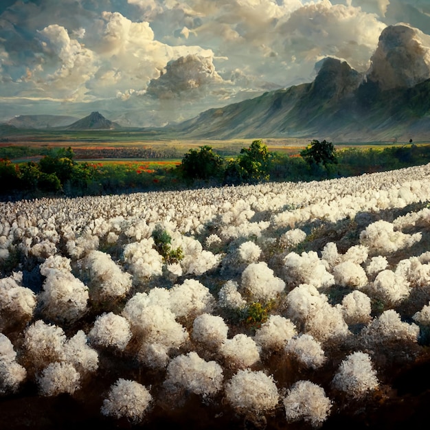 Pola bawełny gotowe do zbierania śnieżnych gór i chmur