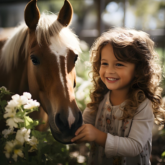 Połączenia terapeutyczne Dziecko i terapia Koń w Ogrodzie Sensorycznym Dziewczyna dotykająca konia