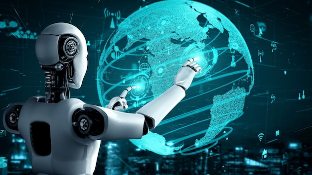 Połączenie internetowe kontrolowane przez huminoid robota AI i proces uczenia maszynowego