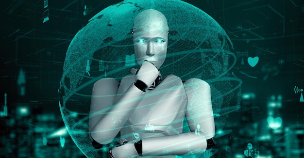Połączenie internetowe kontrolowane przez huminoid robota AI i proces uczenia maszynowego