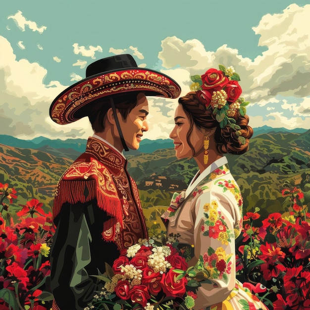 Połączenie kultur meksykańskie Charro i koreański Hanbok Ślub