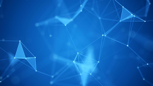Połączenie sieciowe Abstrakcyjne niebieskie tło technologiczne Wizualizacja dużych zbiorów danych Ruchome kropki i linie tworzące kształty geometryczne Renderowanie 3d