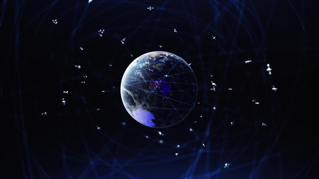 Połączenie Z Internetem Przez Satelity Ziemia 3d Cyfrowa Połączona Sieć W Tle Animacja 3d Renderowania Satelitów