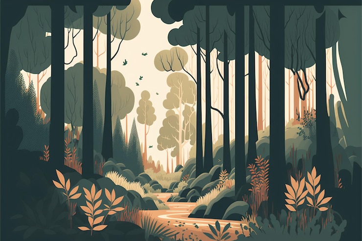 Zdjęcie polana leśna płaska konstrukcja ilustracja wyciszona i ziemista harmonia i równowaga generative ai