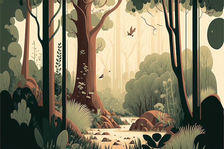 Zdjęcie polana leśna płaska konstrukcja ilustracja wyciszona i ziemista harmonia i równowaga generative ai