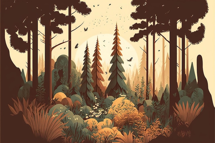 Zdjęcie polana leśna płaska konstrukcja ilustracja wyciszona i ziemista harmonia i równowaga generative ai