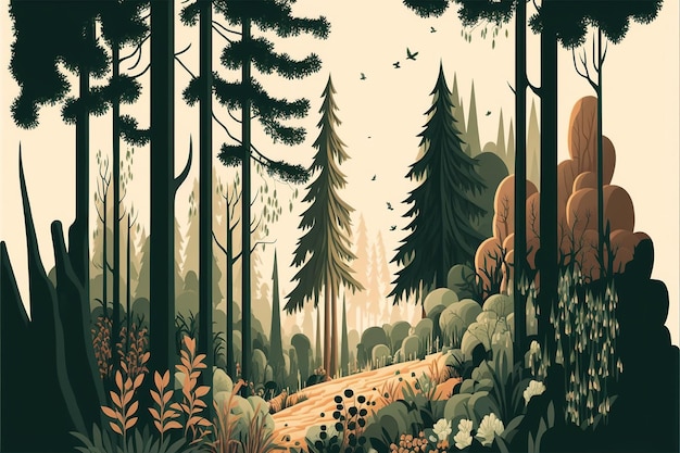 Zdjęcie polana leśna płaska konstrukcja ilustracja wyciszona i ziemista harmonia i równowaga generative ai
