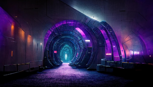 Półciemny pusty korytarz statku kosmicznego z neonowym oświetleniem