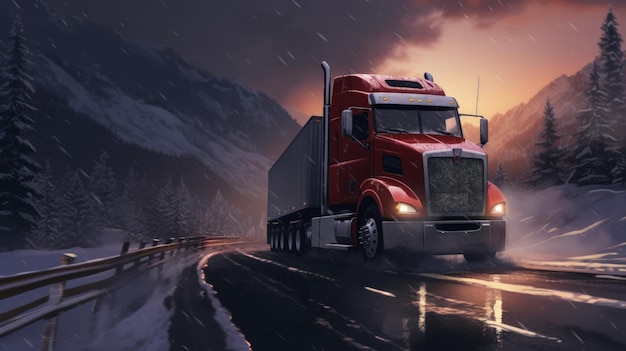 Półciężarówka jeździ po śnieżnej drodze zimą Generative AI