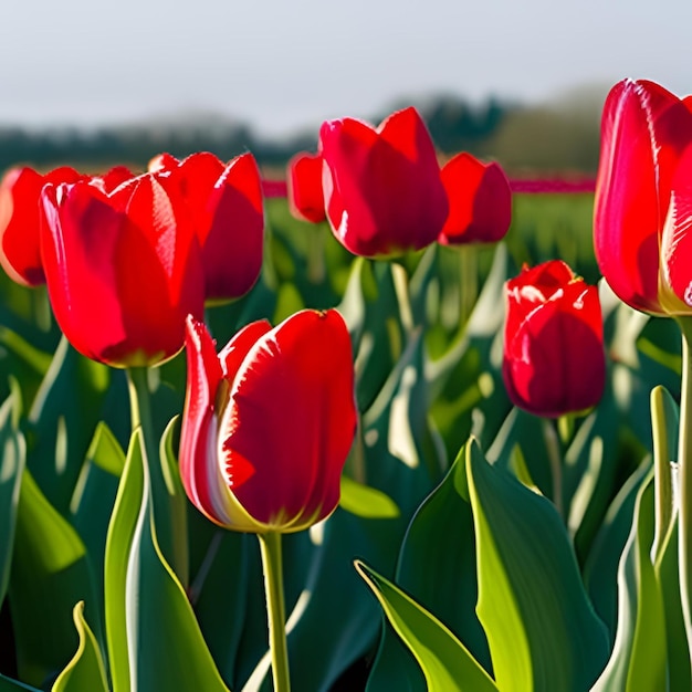 Pole czerwonych tulipanów z zielonymi liśćmi w tle.