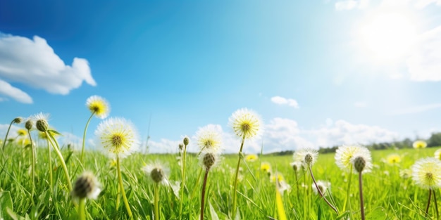 Pole dandelions przed błękitnym niebem