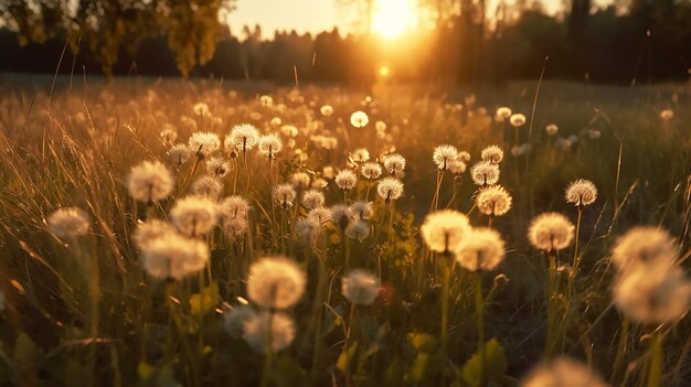 Pole dandelions z zachodzącym za nimi słońcem