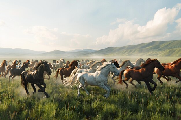 Zdjęcie pole dzikich koni biegnących swobodnie