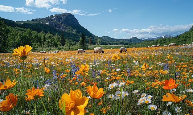 pole dzikich kwiatów z górami na tle