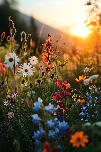 pole dzikich kwiatów z zachodzącym słońcem na tle