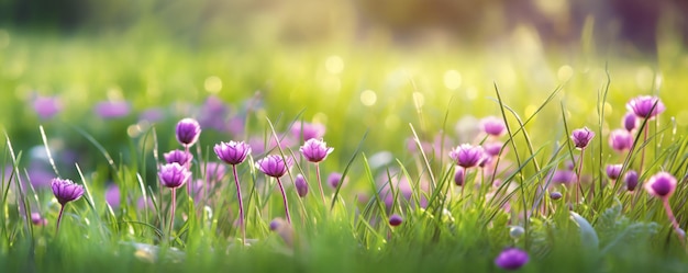 pole fioletowych kwiatów ze słońcem świecącym przez trawę