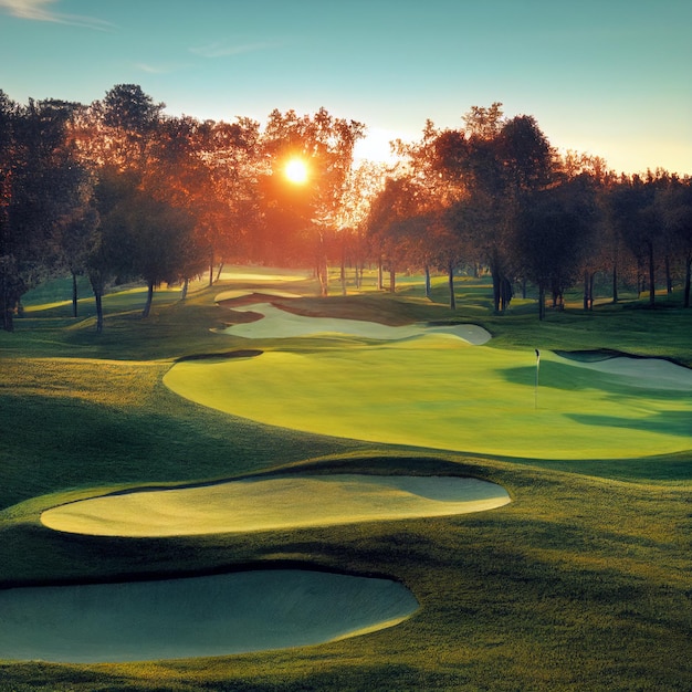 Pole golfowe krajobraz pole golfowe tło z zieloną trawą na zachodzie słońca