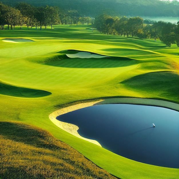 Pole golfowe krajobraz pole golfowe tło ze stawem w słoneczny dzień