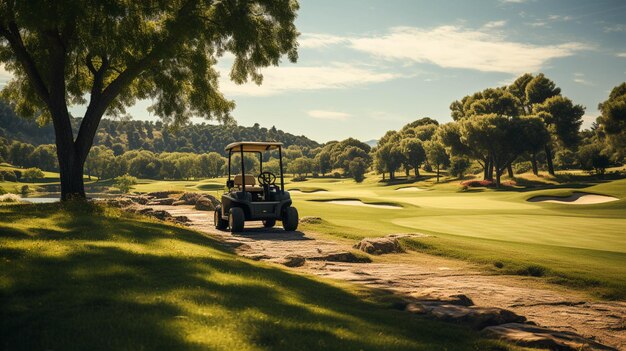 Pole golfowe z samochodem golfowym i piłką