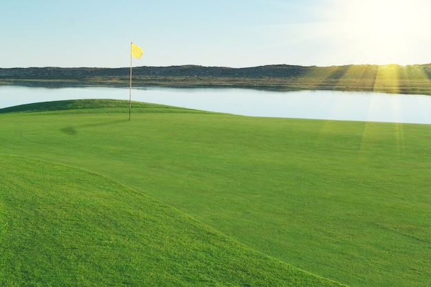 Pole golfowe z zieloną polaną, z żółtą flagą.