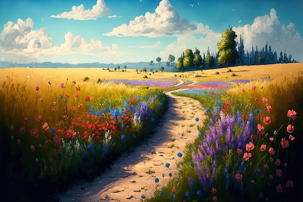 Pole i krajobraz z trasą przez niego i kilka kwiatów