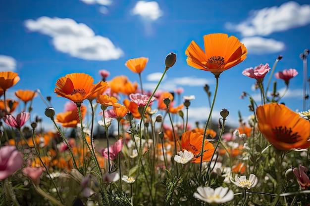 Pole kolorowych kwiatów w słoneczny dzień, motyle i pszczoły między liśćmi generatywnymi IA